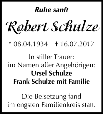 Traueranzeige von Robert Schulze von Mitteldeutsche Zeitung Halle/Saalkreis