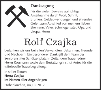 Traueranzeige von Rolf Czajka von Super Sonntag Zeitz