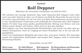 Traueranzeige von Rolf Deppner von Super Sonntag Aschersleben