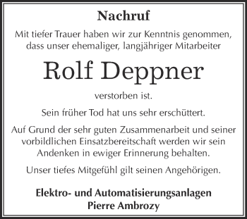 Traueranzeige von Rolf Deppner von Super Sonntag Aschersleben