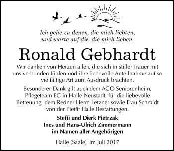 Traueranzeige von Ronald Gebhardt von Mitteldeutsche Zeitung Halle/Saalkreis