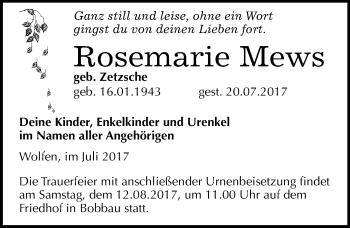 Traueranzeige von Rosemarie Mews von Mitteldeutsche Zeitung Bitterfeld