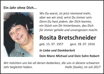 Traueranzeige von Rosita Bretschneider von Mitteldeutsche Zeitung Halle/Saalkreis