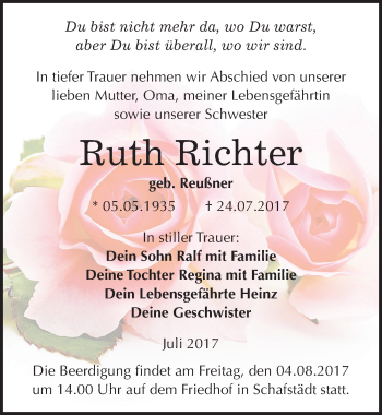 Traueranzeige von Ruth Richter von Mitteldeutsche Zeitung Merseburg/Querfurt