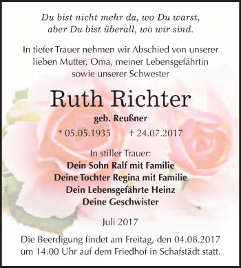 Traueranzeige von Ruth Richter von WVG - Wochenspiegel Merseburg