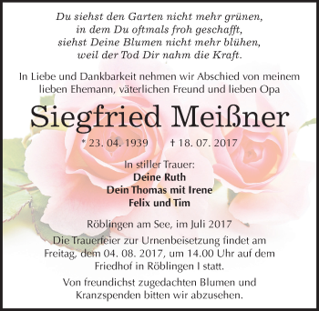 Traueranzeige von Siegfried Meißner von Mitteldeutsche Zeitung Mansfelder Land