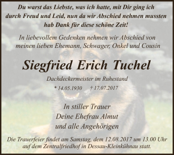 Traueranzeige von Siegfried Erich Tuchel von WVG - Wochenspiegel Dessau / Köthen
