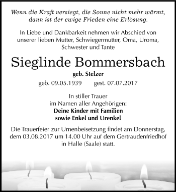 Traueranzeige von Sieglinde Bommersbach von Mitteldeutsche Zeitung Halle/Saalkreis