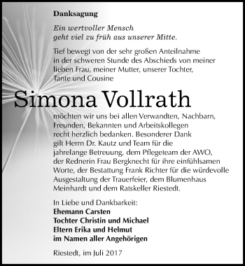 Traueranzeige von Simona Vollrath von Mitteldeutsche Zeitung Sangerhausen