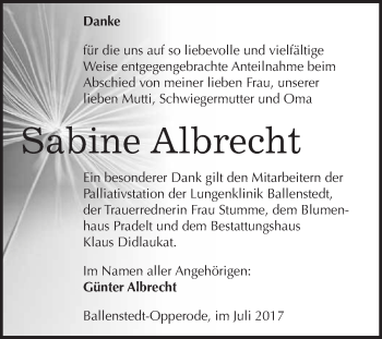 Traueranzeige von Sabine Albrecht von WVG - Wochenspiegel Quedlinburg