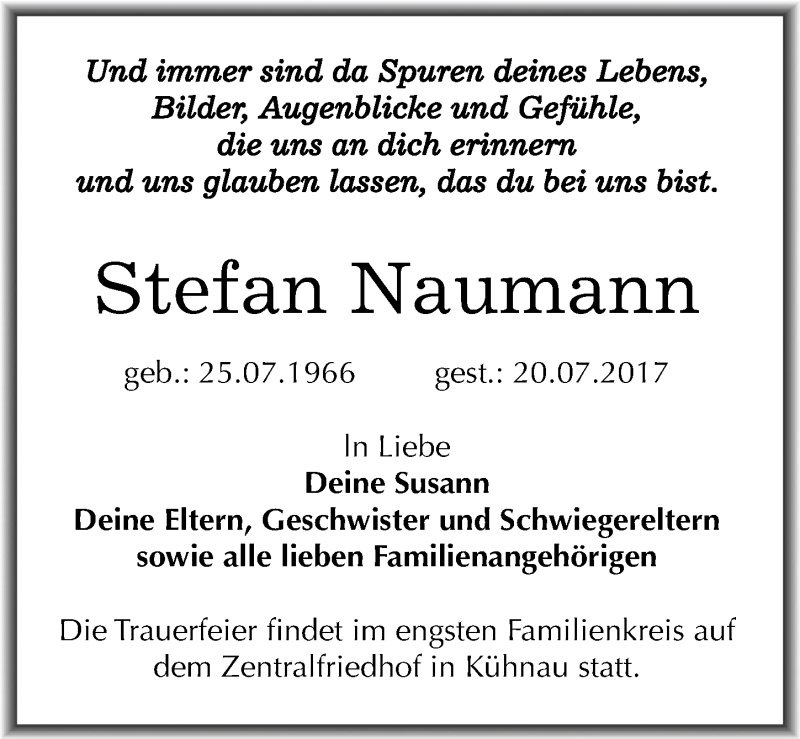  Traueranzeige für Stefan Naumann vom 29.07.2017 aus Mitteldeutsche Zeitung Dessau-Roßlau