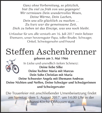 Traueranzeige von Steffen Aschenbrenner von WVG - Wochenspiegel Merseburg