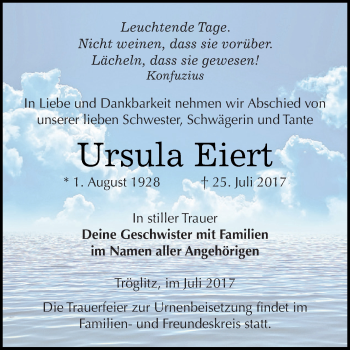 Traueranzeige von Ursula Eiert von Super Sonntag Zeitz