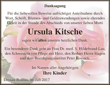 Traueranzeige von Ursula Kitsche von WVG - Wochenspiegel Dessau / Köthen