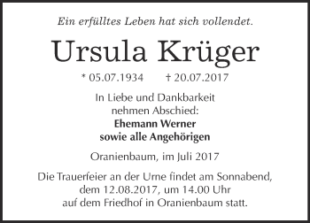 Traueranzeige von Ursula Krüger von WVG - Wochenspiegel Wittenberg