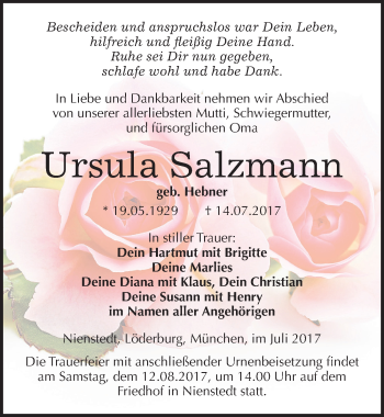 Traueranzeige von Ursula Salzmann von Mitteldeutsche Zeitung Sangerhausen