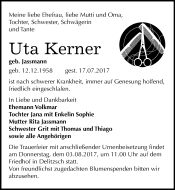 Traueranzeige von Uta Kerner von Mitteldeutsche Zeitung Bitterfeld