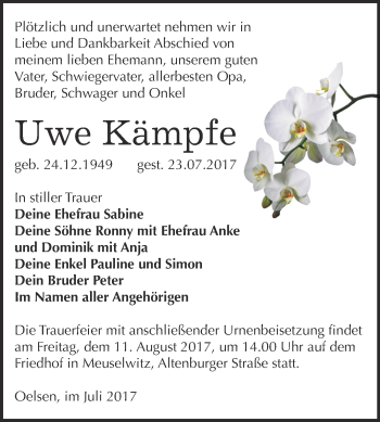 Traueranzeige von Uwe Kämpfe von Super Sonntag Zeitz