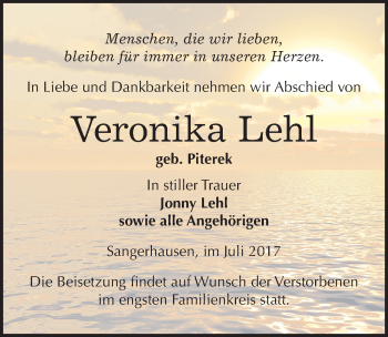 Traueranzeige von Veronika Lehl von Mitteldeutsche Zeitung Sangerhausen