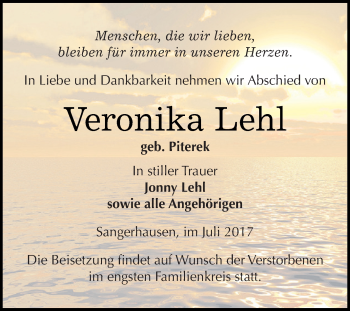 Traueranzeige von Veronika Lehl von Super Sonntag SGH Mansf. Land