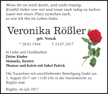Traueranzeige von Veronika Rößler von Mitteldeutsche Zeitung Merseburg/Querfurt