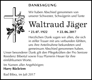 Traueranzeige von Waltraud Jäger von Mitteldeutsche Zeitung Naumburg/Nebra