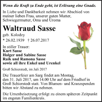 Traueranzeige von Waltraud Sasse von Super Sonntag Aschersleben
