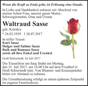 Traueranzeige von Waltraud Sasse von Mitteldeutsche Zeitung Aschersleben