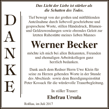 Traueranzeige von Werner Becker von WVG - Wochenspiegel Dessau / Köthen