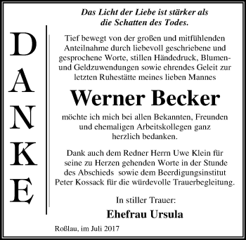 Traueranzeige von Werner Becker von Mitteldeutsche Zeitung Dessau-Roßlau