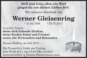 Traueranzeige von Werner Gleisenring von WVG - Wochenspiegel Dessau / Köthen