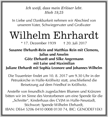 Traueranzeige von Wilhelm Ehrhardt von Mitteldeutsche Zeitung Halle/Saalkreis