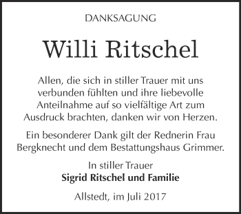 Traueranzeige von Willi Ritschel von Super Sonntag SGH Mansf. Land