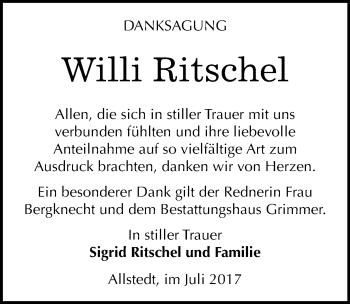 Traueranzeige von Willi Ritschel von Mitteldeutsche Zeitung Sangerhausen