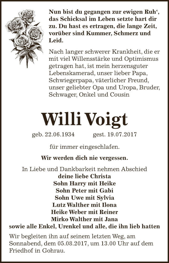  Traueranzeige für Willi Voigt vom 29.07.2017 aus WVG - Wochenspiegel Dessau / Köthen
