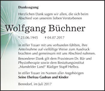 Traueranzeige von Wolfgang Büchner von Mitteldeutsche Zeitung Mansfelder Land