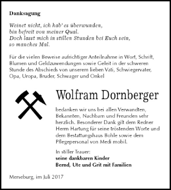 Traueranzeige von Wolfram Dornberger von WVG - Wochenspiegel Merseburg