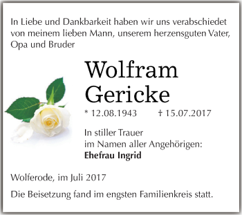 Traueranzeige von Wolfram Gericke von Super Sonntag SGH Mansf. Land