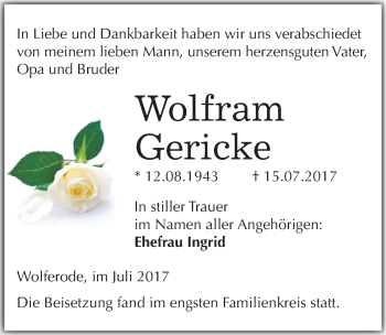 Traueranzeige von Wolfram Gericke von Mitteldeutsche Zeitung Mansfelder Land