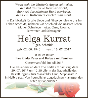 Traueranzeige von Helga Kurrat von Wochenspiegel Mansfelder Land