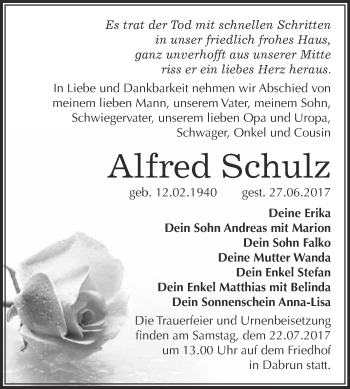 Traueranzeige von Alfred Schulz von WVG - Wochenspiegel Wittenberg