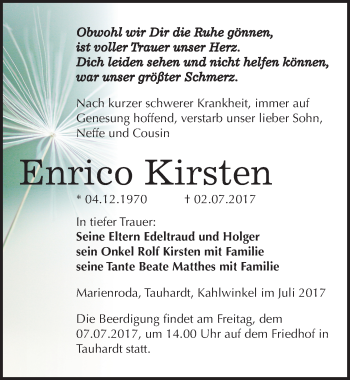 Traueranzeige von Enrico Kirsten von Mitteldeutsche Zeitung Naumburg/Nebra
