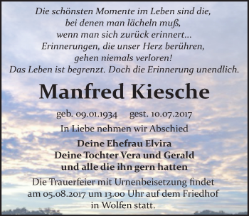 Traueranzeige von Manfred Kiesche von Mitteldeutsche Zeitung Bitterfeld