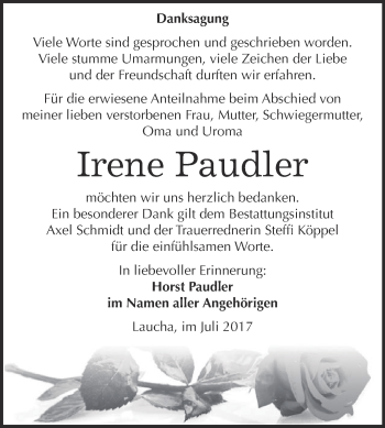 Traueranzeige von Irene Paudler von WVG - Wochenspiegel NMB / WSF / ZTZ