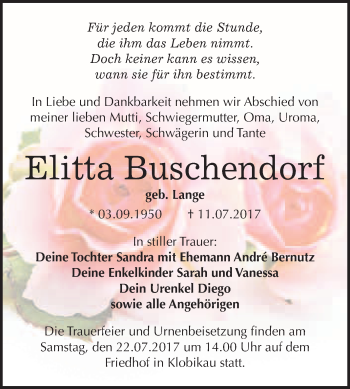 Traueranzeige von Elitta Buschendorf von WVG - Wochenspiegel Merseburg