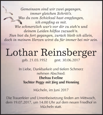 Traueranzeige von Lothar Reinsberger von WVG - Wochenspiegel Merseburg