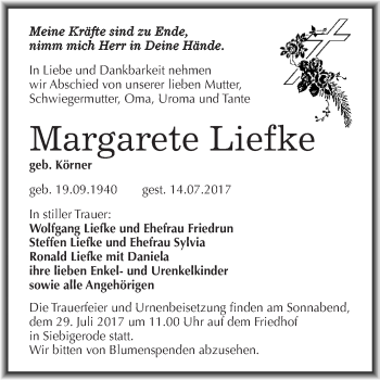 Traueranzeige von Margarete Liefke von Super Sonntag SGH Mansf. Land