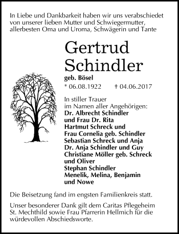 Traueranzeige von Gertrud Schindler von Mitteldeutsche Zeitung Mansfelder Land