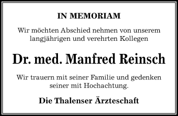 Traueranzeige von Manfred Reinsch von Mitteldeutsche Zeitung Quedlinburg