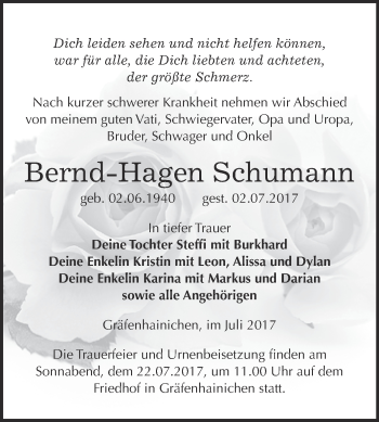 Traueranzeige von Bernd-Hagen Schumann von WVG - Wochenspiegel Wittenberg